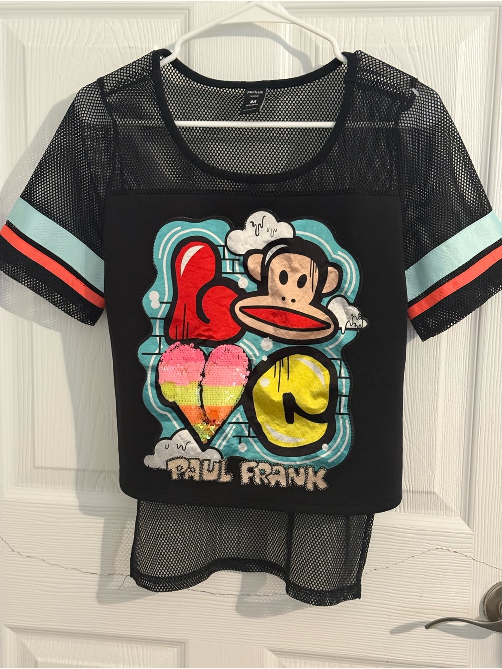 Paul Frank Julius Monkey Love Sequin Mesh Graphic Crop Tee Shirt Black Women M